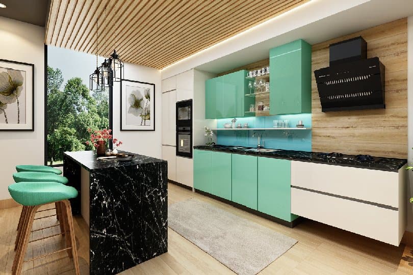 Island kitchen with chimney