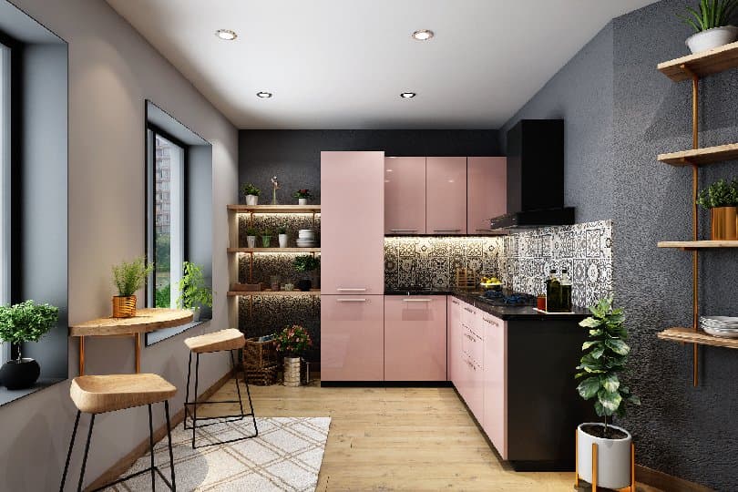 L-shaped kitchen with chimney