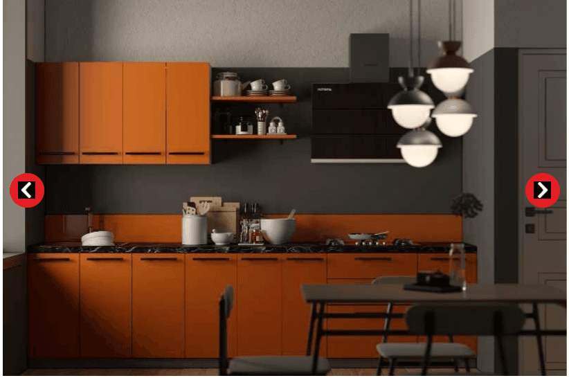 Straight kitchen with orange and dark grey